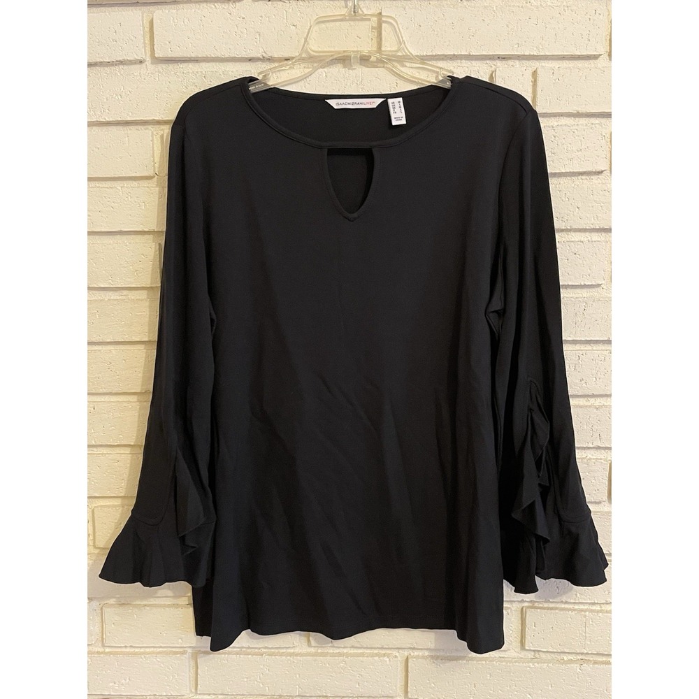 Isaac Mizrahi Live! Black Keyhole Knit Top with Ruffle Long Sleeves Size‎ Medium